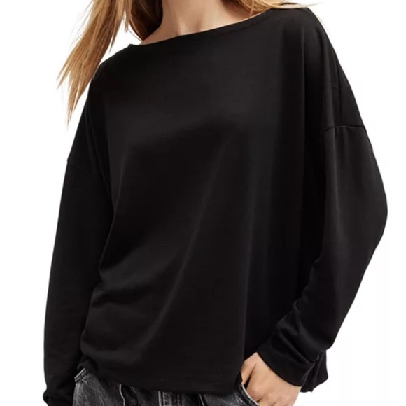 ALLSAINTS Rita Oversized Tee Black Boat Neck Long Sleeve Slouchy Relaxed Tshirt - Picture 13 of 15